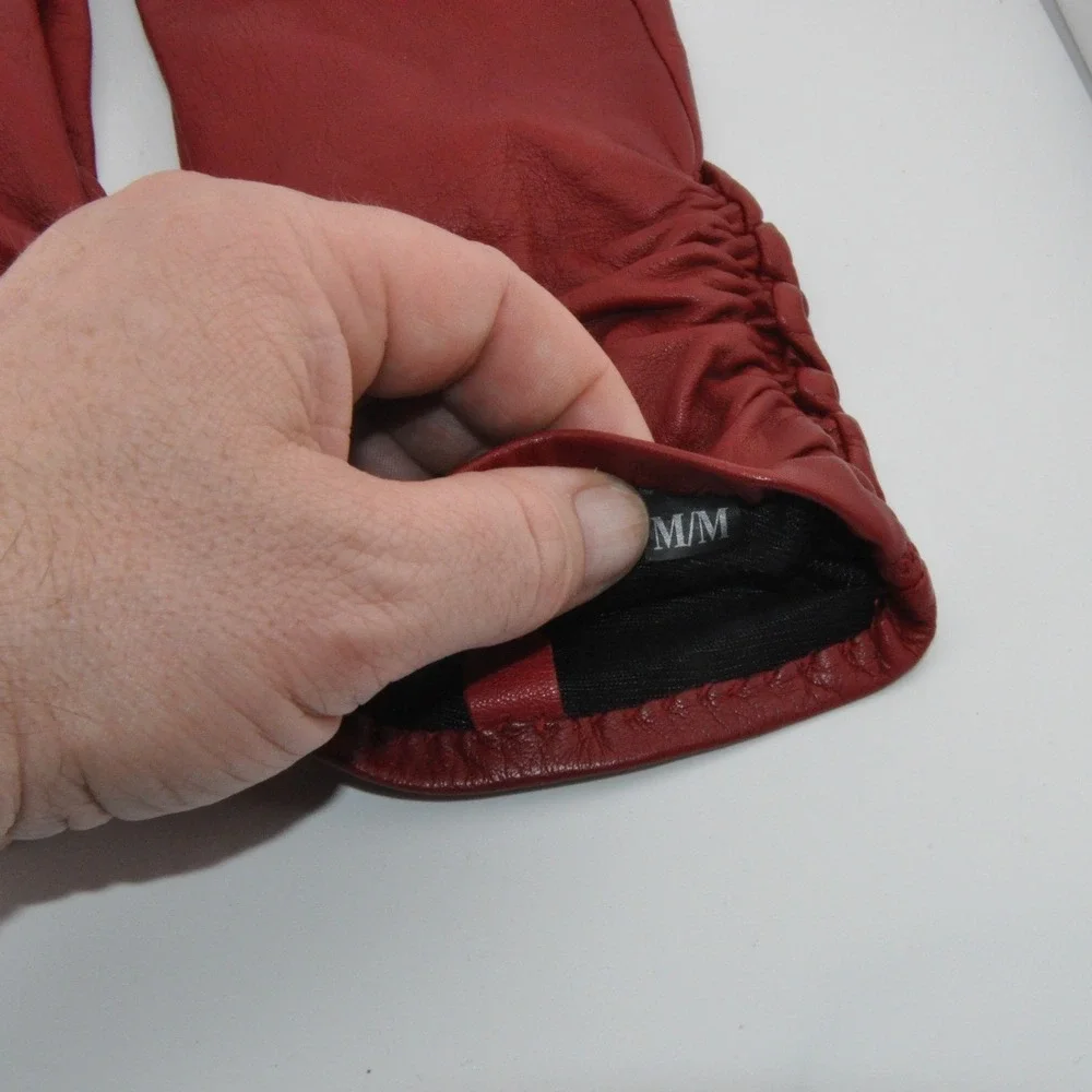 JOBIS Leather Gloves Medium Red Excellent Ruched Gathered Wrist Winter Accessory